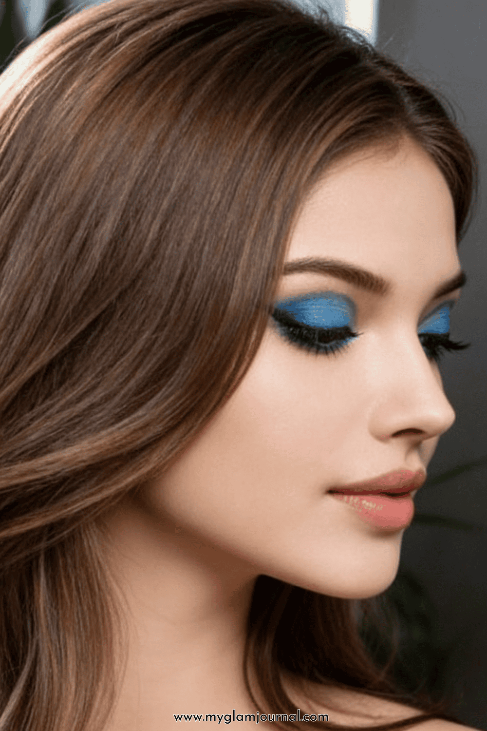 sophisticated evening makeup, matte velvet base makeup, metallic blue eyeshadow look, long-wearing formal event makeup