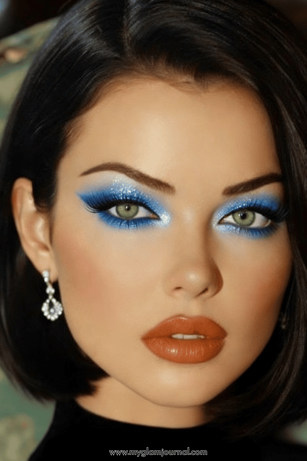 party contrast makeup, long-wearing glitter eyeshadow, cool blue warm brown makeup, dewy luminous base makeup