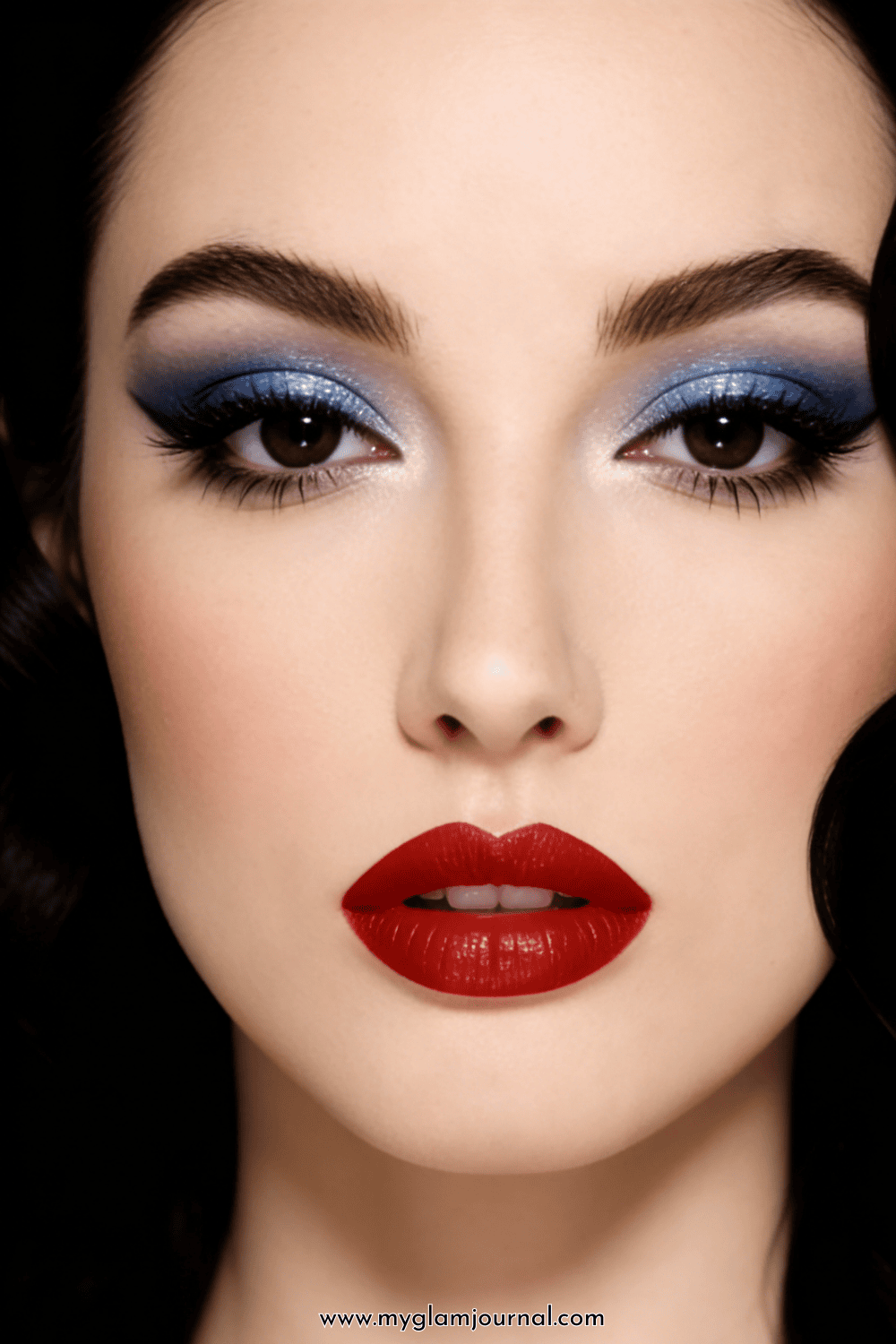 retro contrast evening makeup, galaxy eyeshadow look, long-wearing red lip gloss, matte velvet base makeup