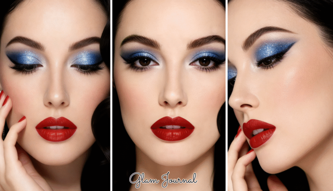 starry blue glitter red lip makeup
