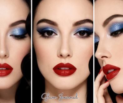 starry blue glitter red lip makeup