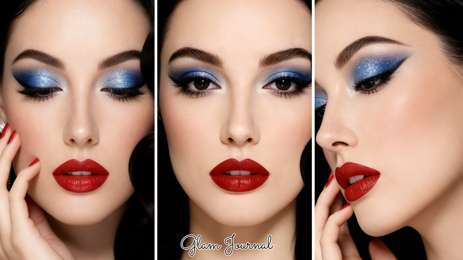 starry blue glitter red lip makeup